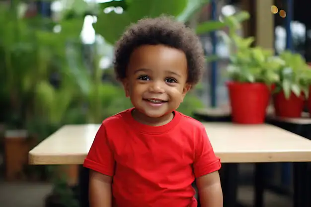 Happy toddler in a red shirt sitting at a classroom table